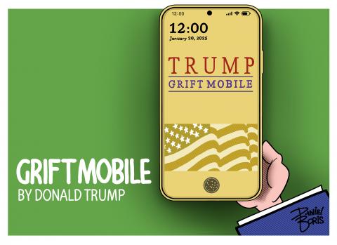 Image shows a tiny hand holding a gold cell phone with "Trump Grift Mobile" displayed on the screen.