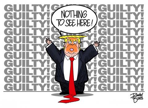 Trump seen holding up his arms infront of a background of the words "Guilty." Word Balloon: "Nothing to see here!"