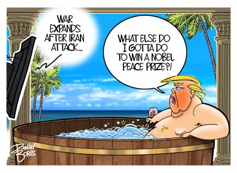 Trump seen relaxing shirtless in a hot tub by the beach, watching television. TV: "War expands after Iran attack." Trump: "What else do I gotta do to get a Nobel Peace Prize?!"