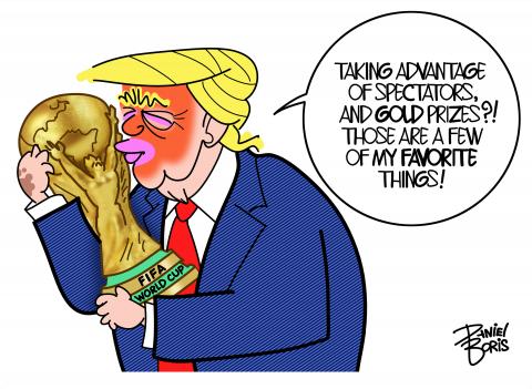 Donald Trump seen kissing the FIFA World Cup trophy. "Taking advantage of spectators, and gold prizes?! Those are few of my favorite things!"