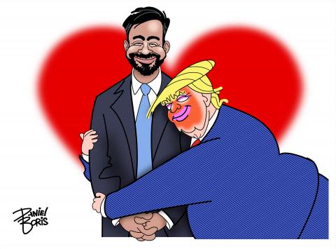 Trump shown hugging Mamdani like he famously hugged the U.S. Flag. Mamdani grinning at the viewer. Trump has eyes closed with a huge smile on his face. A large red heart is seen behind them both.
