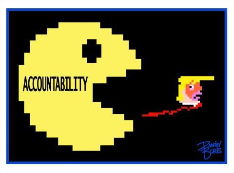 Large, yellow, iconic, pixelated Pac-Man shape seen chasing Trump character. Pac-Man has mouth agape. The word, "Accountability" seen on Pac-Man's side.