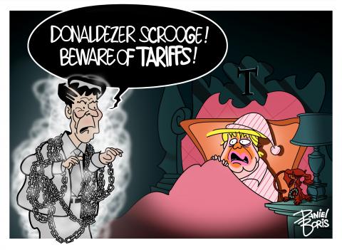 Ronald Reagan haunting Donald Trump is a parody to A Christmas Carol. Reagan: "Donaldezer Scrooge! Beware of Tariffs!"