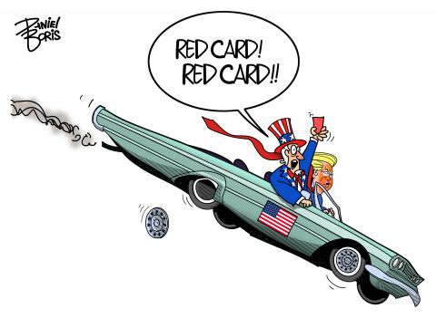 Trump seen at the wheel of a convertbile automobile headed downward. Uncle Sam seen in the passenger seat, holding a red card over his head as he frantically yells. Uncle Same: "Red Card! Red Card!"