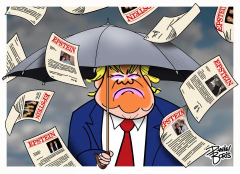 Donald Trump seen holding an umbrella over his head. Dark clouds seen in the background. Pieces of paper seen raining down over and around him with the word, "Epstein" written on it in red and photos of Trump and Epstein visible on each document.
