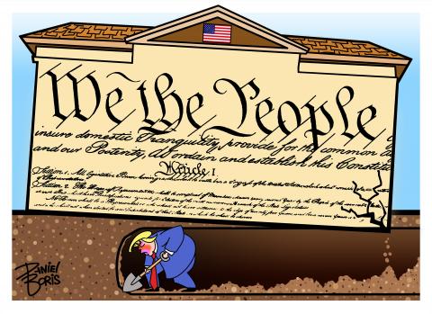 Donald Trump shown with shovel in hand, digging a large tunnel under a building labeled "We the people" with a U.S. flag at the top of the building. The building is starting to lean, with cracks shown near a bottom corner.
