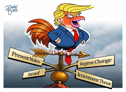 Weather Vane. Donald Trump seen as a rooster resting on an arrow. Beneath him are the following labels shown in the usual compass positions: "Prevent nukes, Isreal, Regime change, Imminent threat."