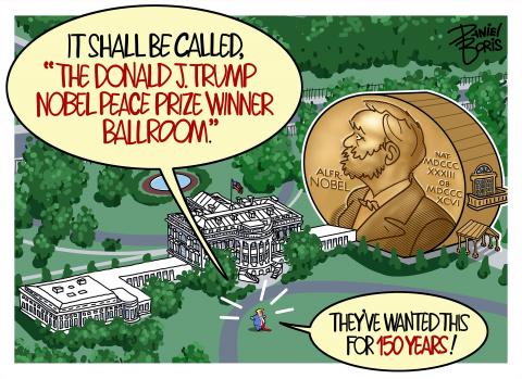 The White House is seen from a distance. A massive building in the form of a Nobel Peace Prize with a balcony and entrance is seen in the location where the east wing used to be.Donald Trump seen as a tiny figure yelling into the air. "It shall be called "the Donald J. Trump nobel peace prize winner ballroom." "They have been wanting this for 150 years!"
