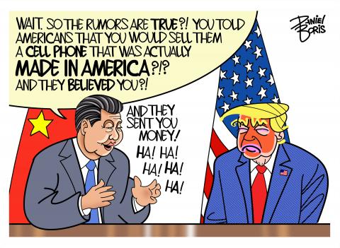Xi and Trump seen at a table. Xi is very animated as he asks Trump if it is true that he really offered Americans a cell phone that was Made in America and the people believed him, and also sent him money. Xi also laughing at that idea.