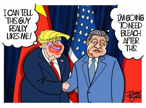 Trump shakes Xi's hand. Trump thinks to himself: "I can tell this guy really likes me." Xi thinks to himslef: "I am going to need bleach after this."