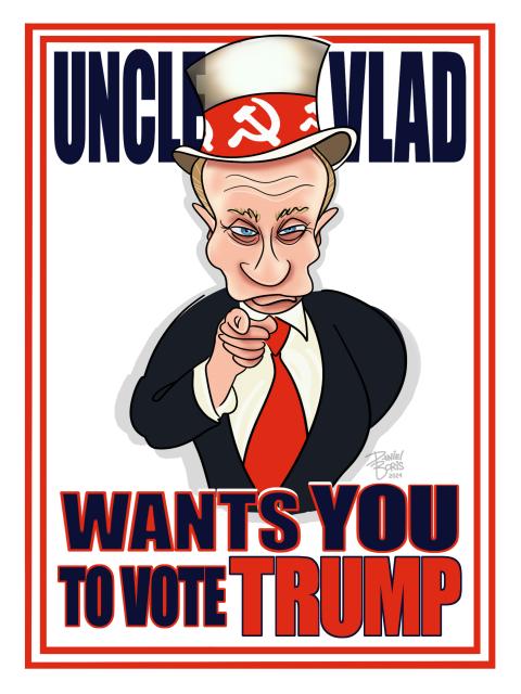 Parody of the classic American "I Want You" recruitment poster. This one shows Putin in a top hat with old soviet era symbol on it., pointing. Text reads: "Uncle Vlad Wants You to Vote Trump.'