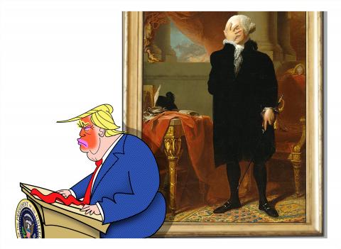 Trump seen at a lectern. Famous portrait of George Washington seen behind him, In this version, Washington has his hand on his face -  a face plant as it is known - in a sign of George Washington being embarrassed for America.