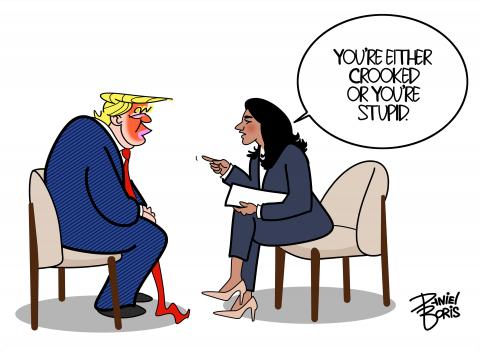 Parody of the recent interview on Meet The Press. Trump seen seated across from a reporter. Reporter: "You're either crooked or you're stupid."