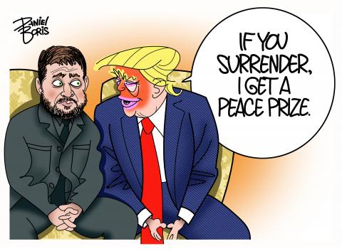 Ukraine President Zelenskyy seen sitting next to Trump. Zelensky has a look of disbelief on his face as he looks at Trump is is leaning over with a grin. Trump: "If you surrender, I get a peace prize."