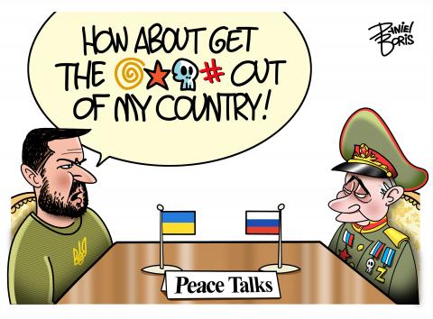 Zelenskyy is seen facing Putin at a table that has a Ukrainian and Russian flag on it, along with a small sign that reads, "Peace Talks." Putin is dressed in a military uniform. Zelensky: "How about get the @&#! of my country!"