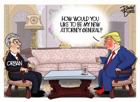 Viktor Orban seen seated across from Donald Trump inside Mar-a-lago. Trump: "How would you like to be my new Attorney General?"
