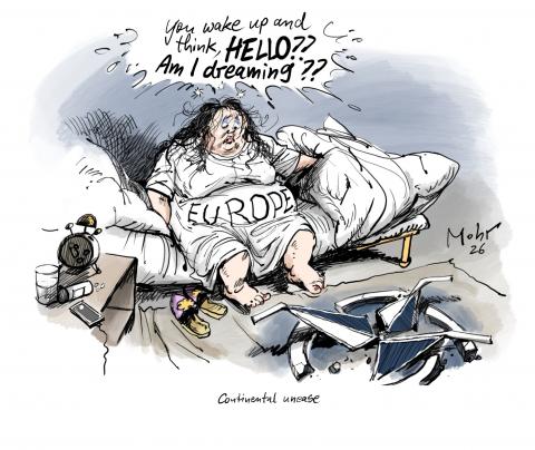 Europe in bed alarmed by the damaged NATO-symbol at her feet.