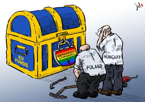 cartoon by emanuele del rosso about EU and funds for hungary and poland