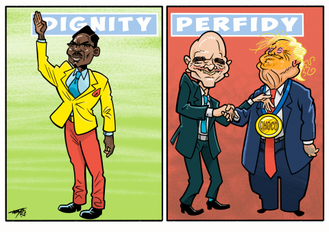 Split panel. On the left, labelled “DIGNITY”: Michel Kuka Mboladinga (Lumumba Vea) a Congolese football fan who famously poses like the statue of Patrice Lumumba in Kinshasa during DR Congo matches. On the right, labeled “PERFIDY”: FIFA president Gianni Infantino presents US president Donald Trump wth a chocolate medal.