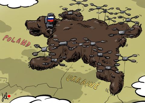russia drones flying over poland cartoon with bear