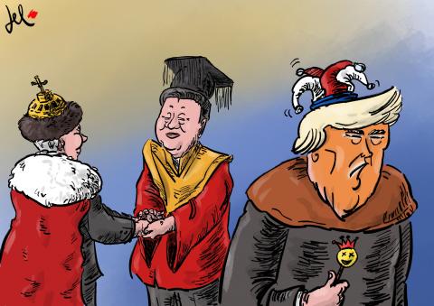 cartoon with xi jinping, puting and trump as a jester by del rosso