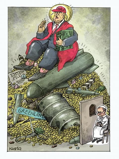Cartoon showing a large Donald Trump with the halo of a saint (in the form a a golden coin) sitting on a large pile of money missiles and oil barrels. A small Pope Leo XIV sits on a plain chair on the other side of a confessional booth.