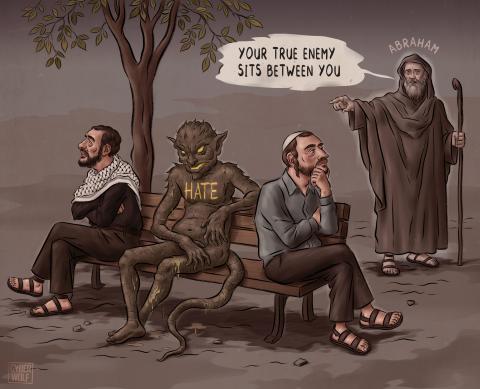 An Israeli and a Palestinian sit at opposite ends of a bench, turned away from each other. Between them sits a green creature labeled “Hate.” Behind them, the translucent figure of Abraham says, “Your true enemy sits between you.”