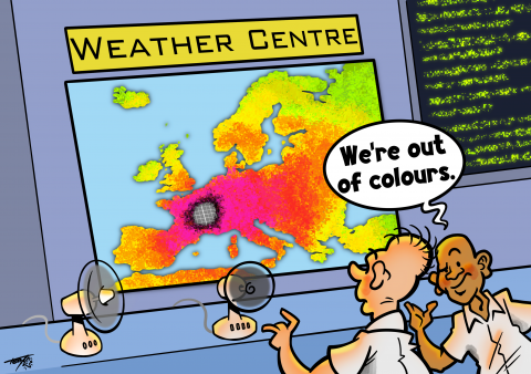 Two workers in a weather centre look at a temperature map and realise they have no further colours with which to signify extreme heat.