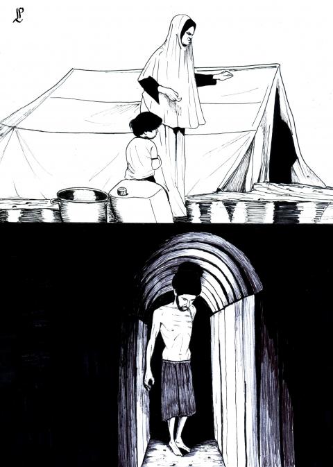 Cartoon showing a desperate mother and child in a tent camp in Gaza, while below the ground a desperate hostage stands in a tunnel.