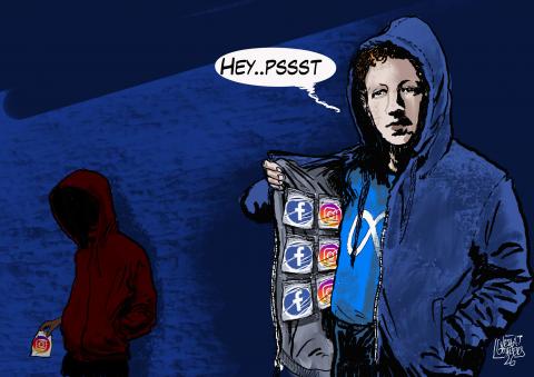 Cartoon showing Mark Zuckerberg as a drug dealer in a shady alley, holding his jacket open to reveal Facebook and Instagram logos for sale. He says: ‘Hey, pssst!’