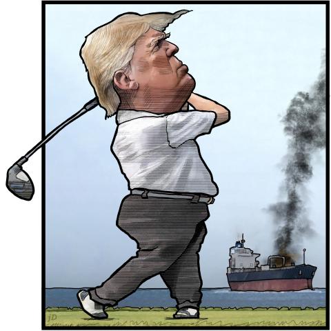 Caricature of Donald Trump playing golf besides the Strait of Hormuz