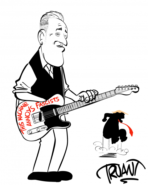 Cartoon showing Bruce Springsteen standing, holding a guitar with 'This machine annoys fascists' written on it. In the background we see an angry Trump jumping up and down in frustration.