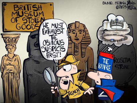 Cartoon showing inspector Clouseau followed by a French police officer as they walk through the halls of a museum filled with historical artefacts. On the wall is a sign that reads ‘British Museum of Stolen Goods’. Inspector Clouseau says: ‘We must exhaust the obvious suspects first!’