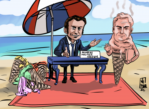Visual description: Macron is shown at his desk on the beach, presenting a new Prime Minister in the form of an ice cream cone. On the other side of the image, three other cones can be seen, already melted away in the heat.