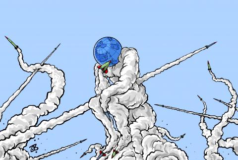 Cartoon showing Rodin's the thinker. The head of the thinker is the planet earth, while the body and arms are made up from smoke trails of flying missiles. Missiles are flying around the figure as well. One missile is flying through the chest of the figure.