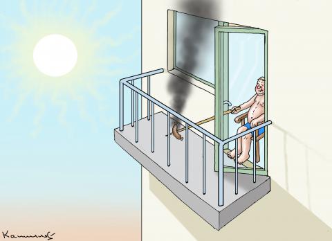 Cartoon showing a man sitting in the doorway to his balcony. Through a crack in the door, he is using just the sun to roast a sausage.