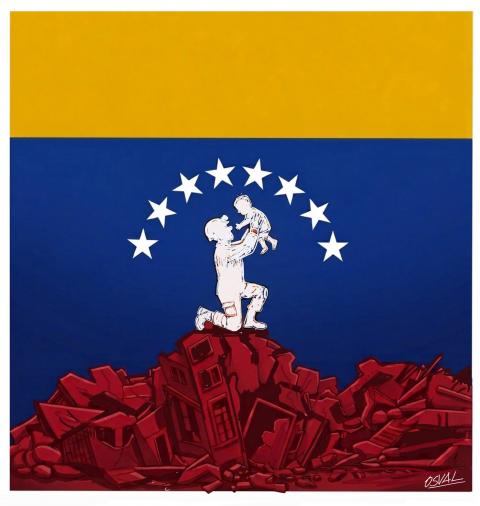   Cartoon showing the flag of Venezuela (Red band below, blue in the middle, yellow on top, with an arch of 8 white stars in the middle). In the cartoon, the red band consists of the rubble of destroyed buildings. Below the arch of stars, we see the white silhouette of a rescue worker holding a child in his arms. 