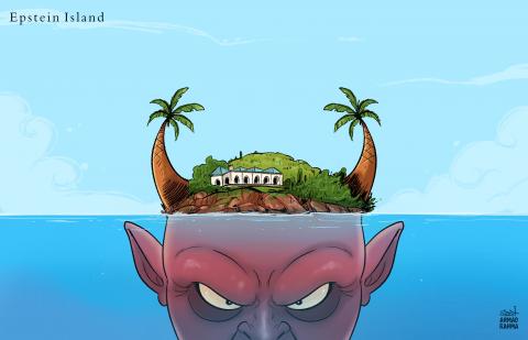 Cartoon showing an island with the part beneath the surface forming a devil's face, while two palm trees at the top are shaped like the devil's horns. The caption read's 'Epstein island'.