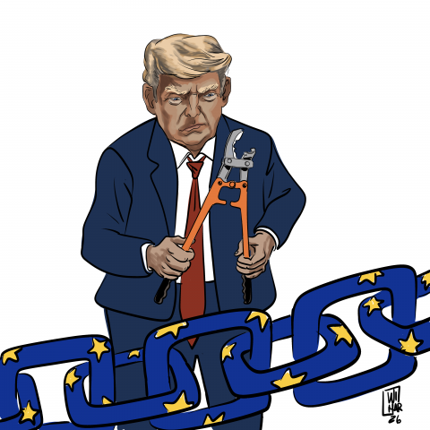 Trump is seen looking disappointed with a broken cutting tool in his hands, while in the foreground we see a huge chain with the colors and stars of the European Union.