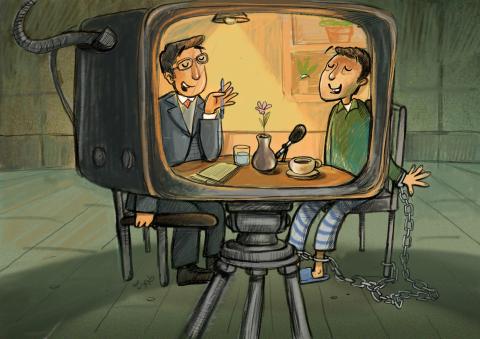 A man in chains is being interviewed by a smiling journalist inside a TV frame, symbolizing forced confessions and media manipulation.