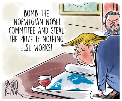 A cartoon shows Donald Trump leaning over a desk with a map and a glass of wine. Vice President Vance stands behind him and says: 'Bomb the Norwegian Nobel committee and steal the prize if nothing else works!'