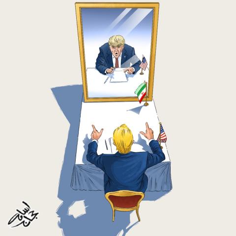 Cartoon showing Donald Trump sitting at a negotiating table, talking to a large mirror on the opposite side of the table.