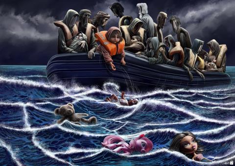 A fragile raft drifts through the Mediterranean, carrying shadows of those the world has forgotten. Between the ruins they fled and the shores that reject them, their lives hang in limbo nameless, faceless, and swallowed by the sea.