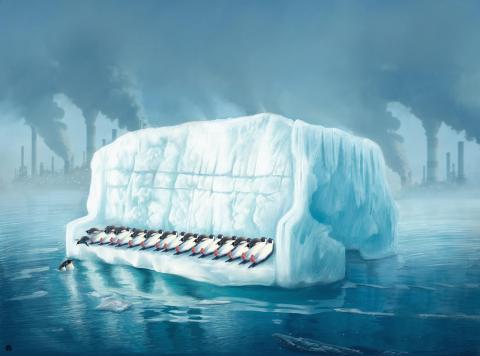Cartoon showing a melting iceberg shaped like a piano floating the ocean. Penguins are lying on the piano like keys, while some are diving off. In the background we see factories with chimneys billowing smoke.