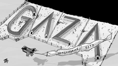 Cartoon showing Gaza from above, with a barbed wire fence around it and long barracks that form the letters G-A-Z-A. A ware plane flies above dragging a banner that looks like a giant body bag with the text 'humanitarian city' on it.