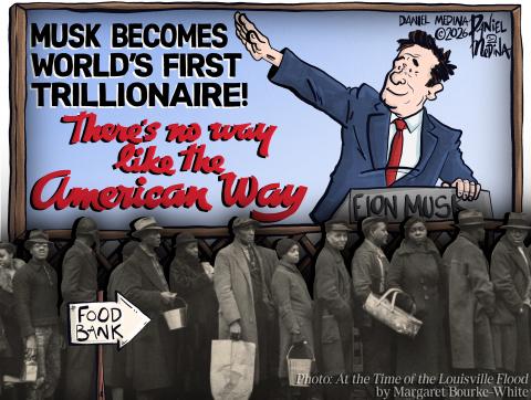 Cartoon by Daniel Medina Photo by Margaret Bourke-White