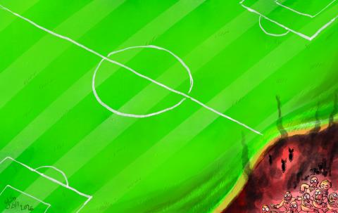 Cartoon showing a football field. In one corner, the football field is peeling up, showing a small piece of a war scene, where people are getting bombed.