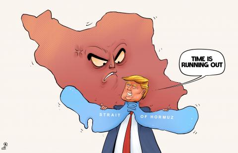 Cartoon showing the country Iran with a face, and the Strait of Hormuz as arms that are strangling Donald Trump, who is looking up an saying: 'Time is running out'.