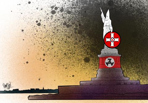 Cartoon showing the Statue of Liberty in a white KKK robe and hood, giving a Hitler salute.