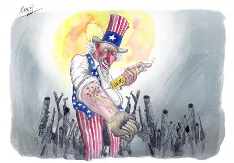 Cartoon showing Uncle Sam injecting himself in the arm with a needle that's labeled 'guns' with a blissful look in his face. His arm is marked by numerous injection marks that look like bullet holes. In the background of the image we see a lot of guns.